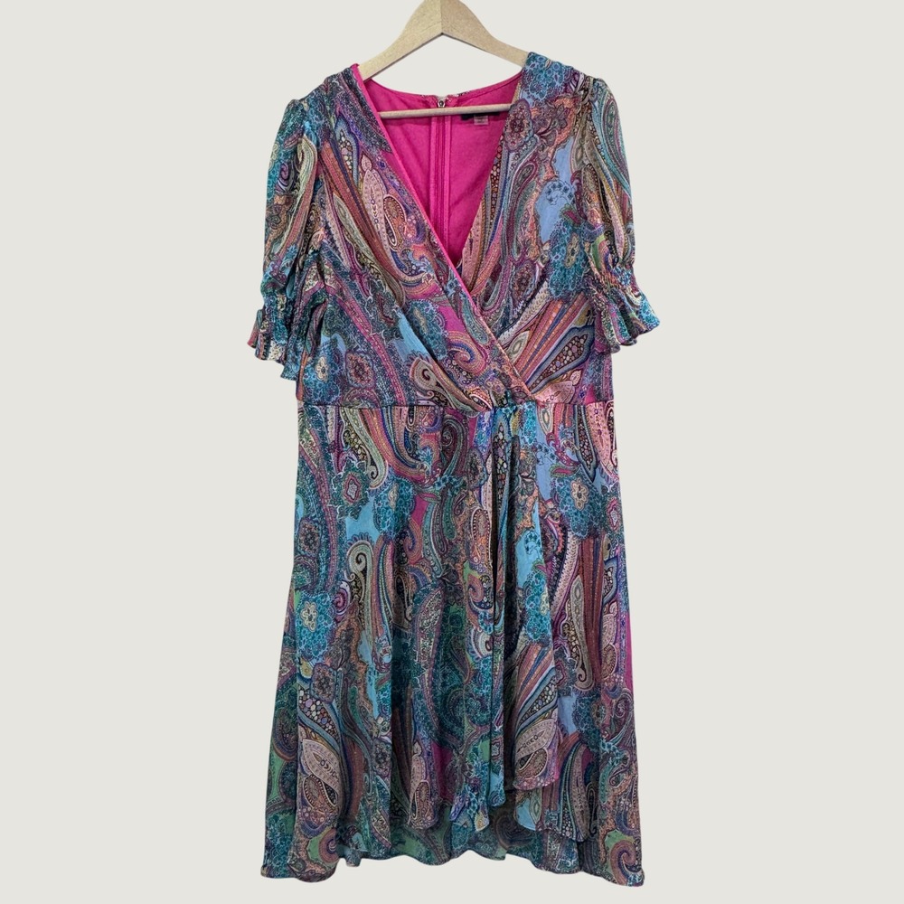 Tommy Hilfiger Paisley Wrap Midi Dress‎ 14W Pink Blue Boho Eclectic Preppy